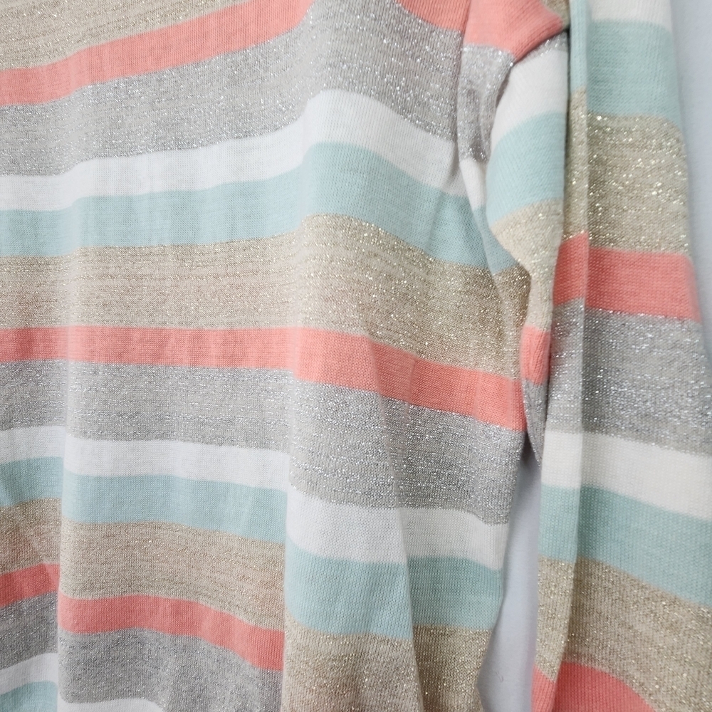LOFT Pastel Striped Crew Neck Sweater Size L Lightweight Shimmer Tan, Pink, Grey - Picture 9 of 10